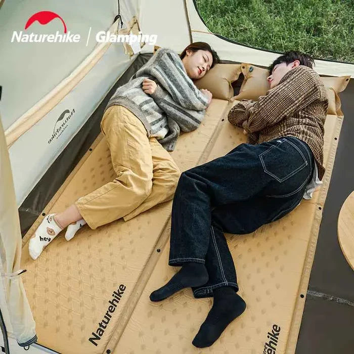 Naturehike D01 inflatable sleeping pad with pillow, camping mat in yellow, designed for comfortable outdoor camping.