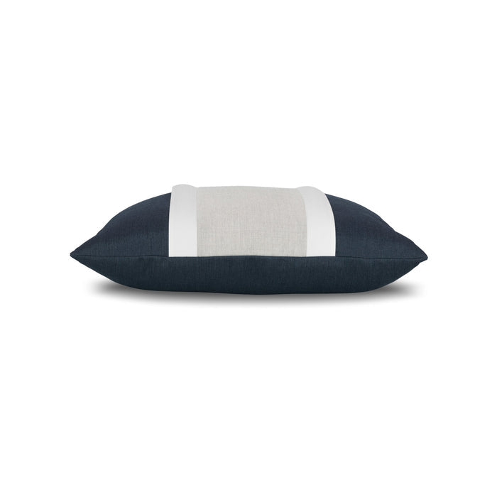 Side image of Navy outdoor pillow with white and gray center banding in square size for timeless indoor and outdoor decor