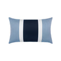 Blue outdoor pillow with white and navy center banding in lumbar size for modern indoor and outdoor decor