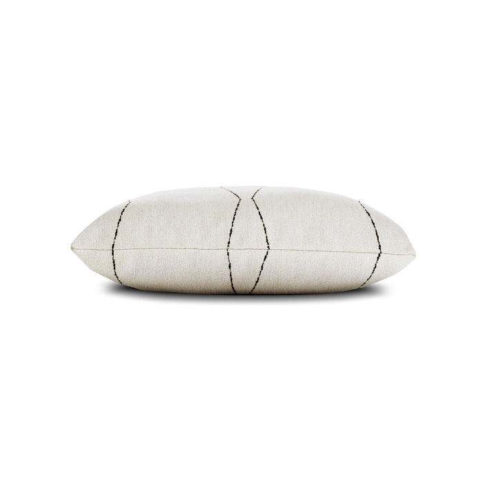 Side image of Ivory textured pillow with black abstract design in square size for neutral indoor and outdoor decor by Elaine Smith