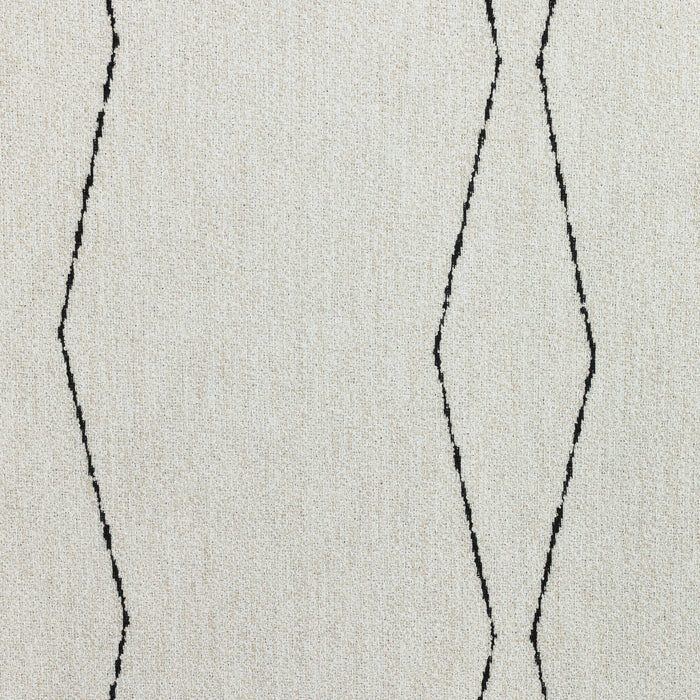 Detail image of Minimalist black linear geometric pattern woven into textured boucle outdoor safe fabric