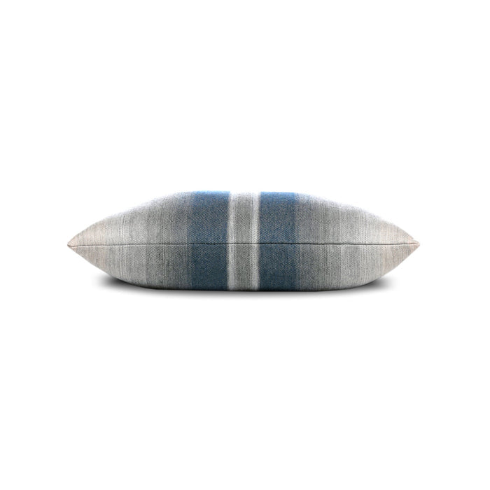 Side image of Indigo and gray striped pillow in lumbar size for stylish indoor and outdoor decor