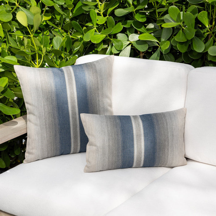 Outdoor image of pillows in Gradient indigo ombre effect fabric for outdoor safe use