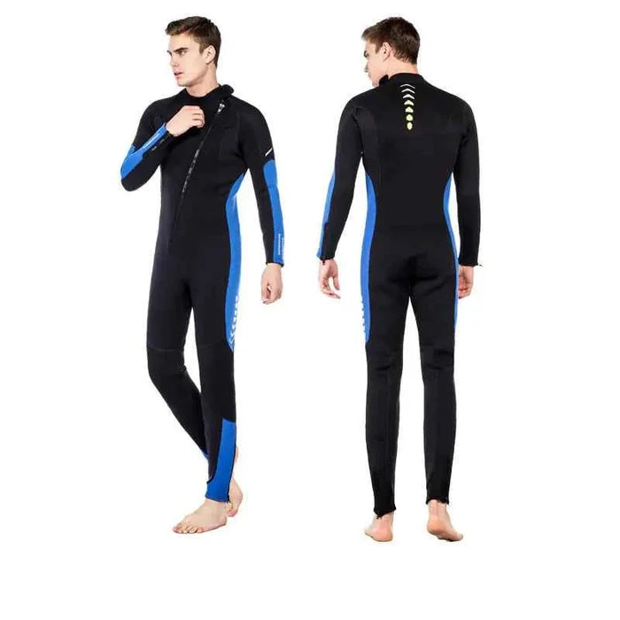 Blue unisex one-piece neoprene wetsuit by Mead's Supply & Equipment Outfitters, designed for warm surfing and diving all seasons.