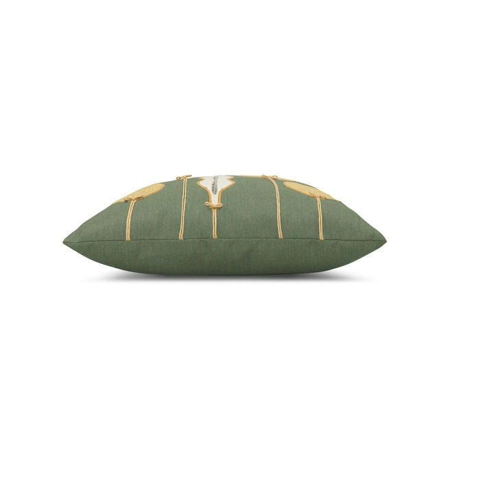 Side image of Green pillow with gold ornament hand stitched details in square size for holiday and seasonal indoor and outdoor decor