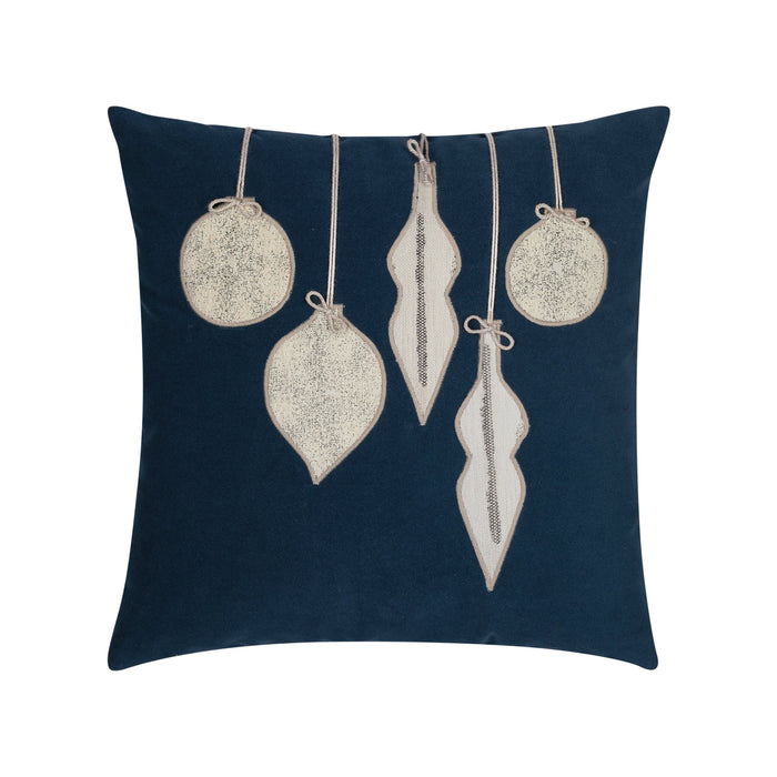 Navy velvet pillow with gold ornament hand stitched details in square size for holiday and seasonal indoor and outdoor decor