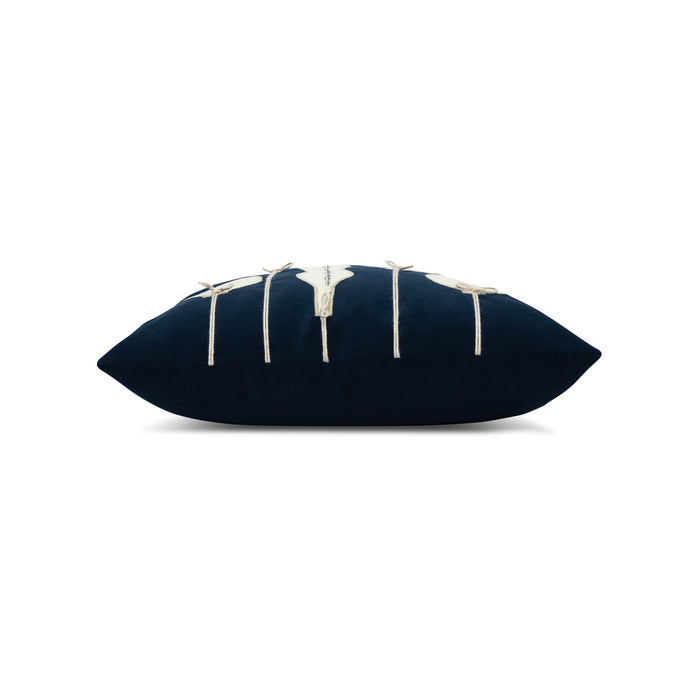 Side image of Navy velvet pillow with gold ornament hand stitched details in square size for holiday and seasonal indoor and outdoor decor