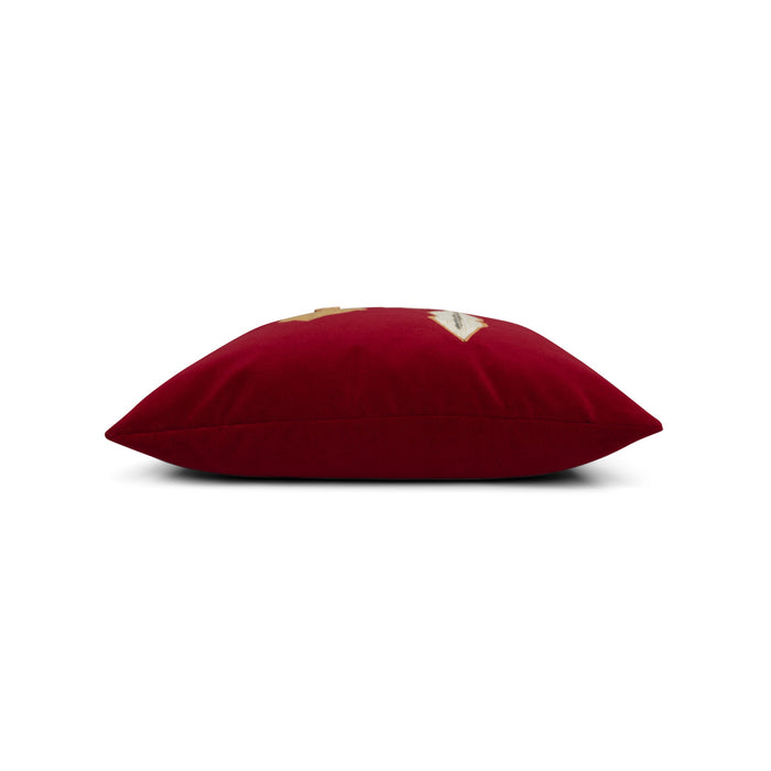 Side image of Ruby red velvet pillow with gold ornament hand stitched details in square size for holiday and seasonal indoor and outdoor decor