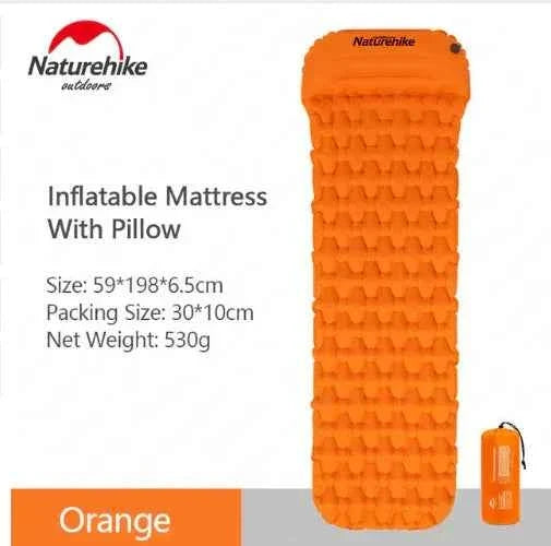 Orange outdoor inflatable camping mattress with pillow options, moisture-proof sleep pad for 1 or 2 person camping by Mead's Supply.
