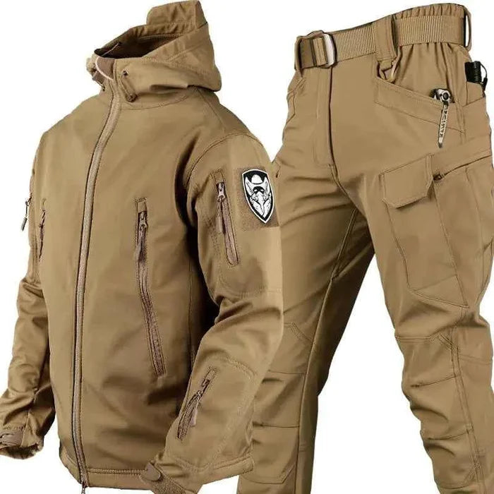 Men's outdoor camouflage jacket and pants set by Mead's Supply & Equipment, softshell fleece-lined military-style shark skin warm clothing.
