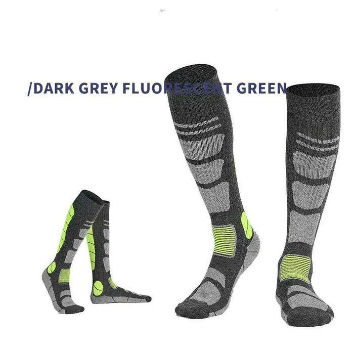 Over-the-knee wool hiking socks by Mead's Supply & Equipment, dark grey and black, brushed high tube trail socks for outdoor adventures.