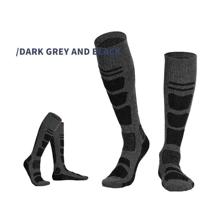 Over-the-knee wool hiking socks by Mead's Supply & Equipment, dark grey and black, brushed high tube trail socks for outdoor adventures.