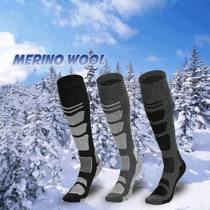 Dark grey and black over-the-knee wool hiking socks by Mead's Supply & Equipment for trail adventures, brushed high tube design.