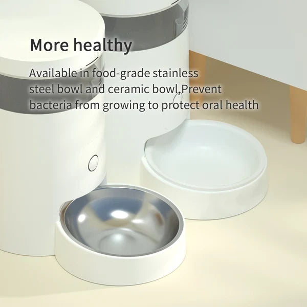 White pet feeder and waterer bowls with stainless steel and ceramic interiors, shown on a clean beige surface with promotional text overlay.