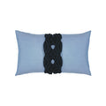 Blue pillow with dark blue macrame detailing as center band, lumbar size for bold indoor and outdoor decor