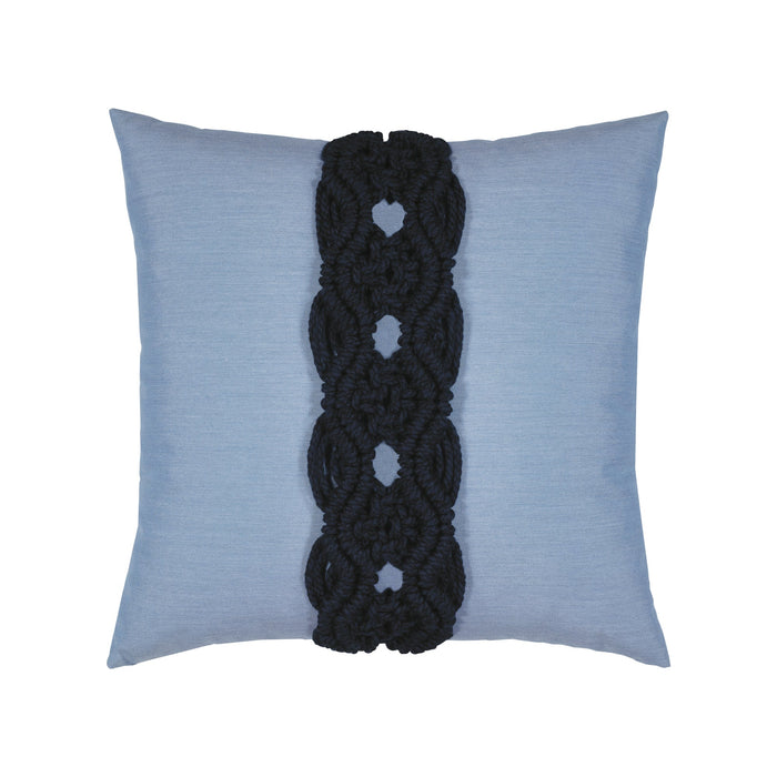 Blue pillow with dark blue macrame detailing as center band, square size for bold indoor and outdoor decor