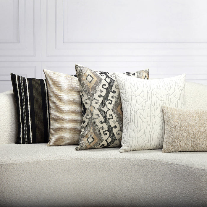 Indoor environmental image of pillows in Linear black and tan outdoor safe woven fabric with pathway stripe design – Pathway Ebony by Elaine Smith
