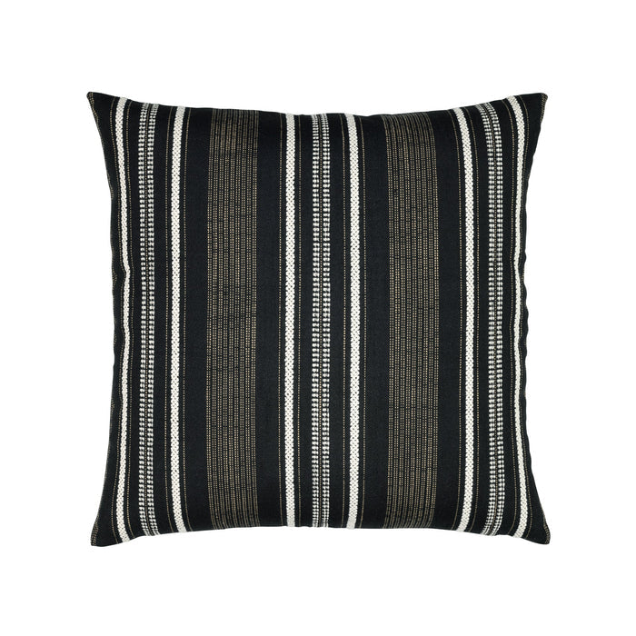 Pillow made from Linear black and tan outdoor safe woven fabric with pathway stripe design – Pathway Ebony by Elaine Smith