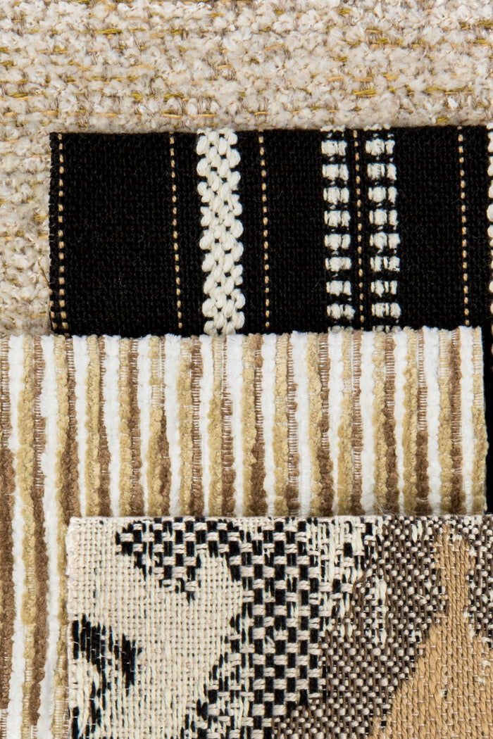 Coordinating fabrics to Linear black and tan outdoor safe woven fabric with pathway stripe design – Pathway Ebony by Elaine Smith