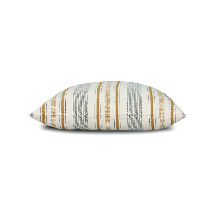 Side image of Striped Ivory and gold pillow with chenille accents in square size for classic indoor and outdoor decor