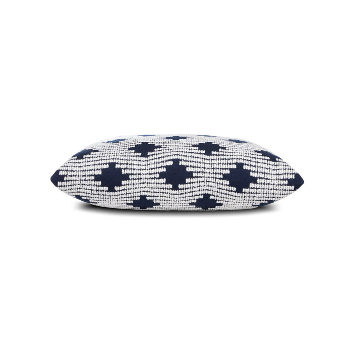 Side image of navy lattice pillow square size for bold indoor and outdoor decor