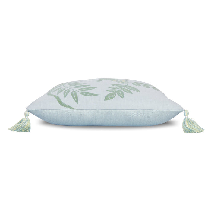 Side image of Green leaf motif pillow in square size for nature inspired indoor and outdoor decor