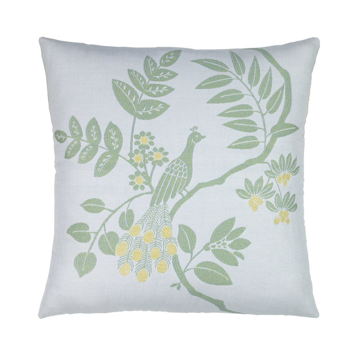Green leaf motif pillow with corner tassels for elegant indoor and outdoor decor