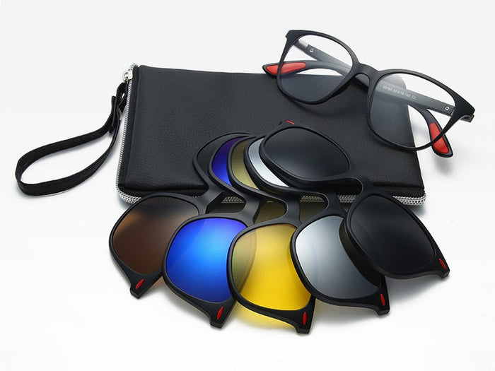 Dealonlinenz polarized sunglasses with changeable color lenses, featuring sleek black frames and adjustable arms.