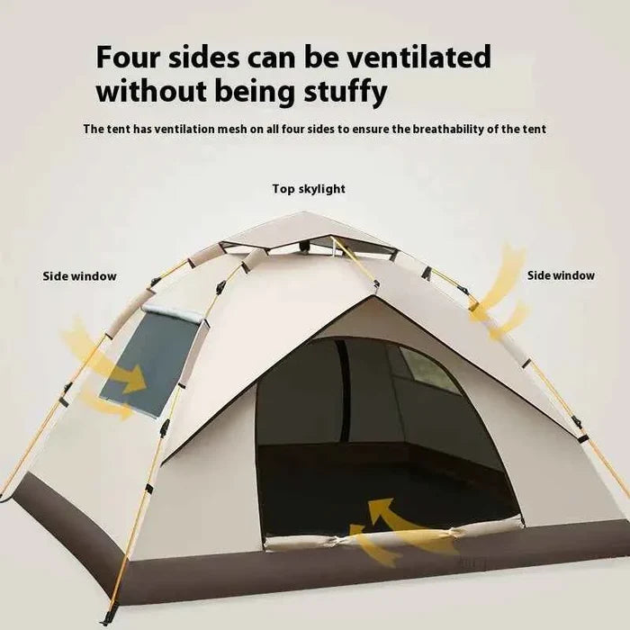 Portable beach tent by Mead's Supply & Equipment Outfitters, UV protection sun shelter for 2-4 people, quick foldable camping gear.