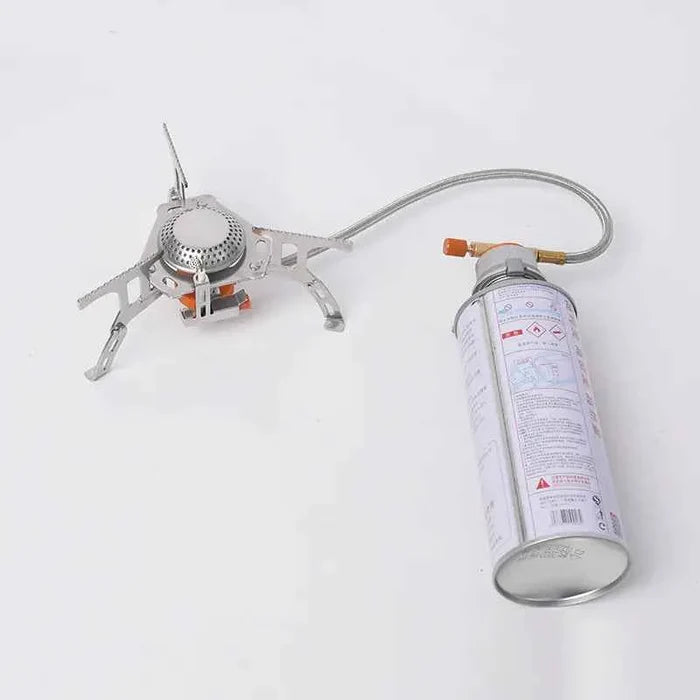 Portable butane camping stove by Mead's Supply & Equipment, 3500W stainless steel foldable burner for outdoor cooking.
