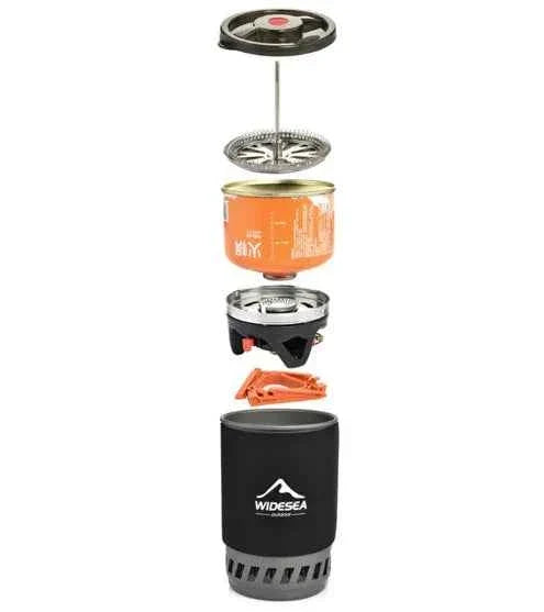 Portable camping coffee maker set with 0.9L French press and integrated gas stove from Mead's Supply & Equipment Outfitters.