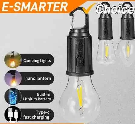 Portable camping LED lamp by Mead's Supply with rechargeable battery, magnetic base, ideal for outdoor lighting and camping adventures.