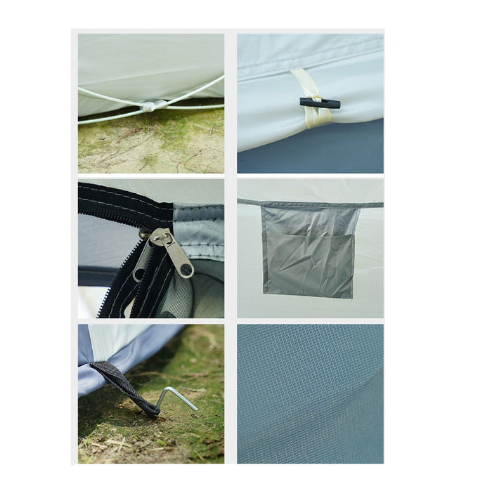 ECOTREK portable boat-shaped pop-up tent set up outdoors, compact and easy to carry for camping or beach activities.