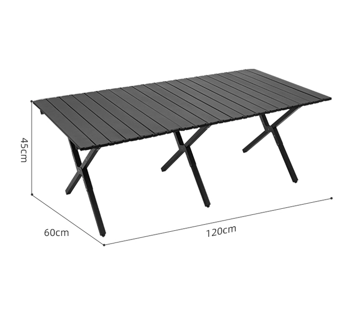 Black portable outdoor folding table in egg roll style, 120cm long, by ECOTREK, featuring a sturdy, compact design for easy transport.