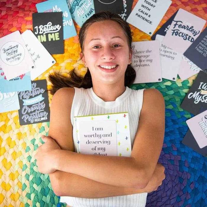 Positive affirmation cards for kids, inspiring card set by Awesome Inc NZ, featuring colorful designs for children age 6 and up.