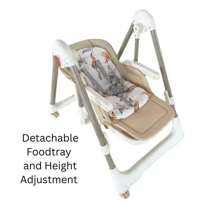 Baby Way NZ Jupiter Grey 2-in-1 baby high chair and swing, showing the convertible design with safety harness and seating area.