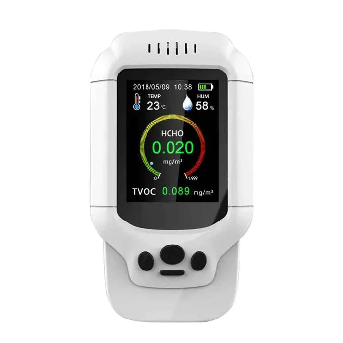 Professional air quality monitor by Mead's Supply with LCD display measuring PM2.5 and HCHO levels for health and safety.