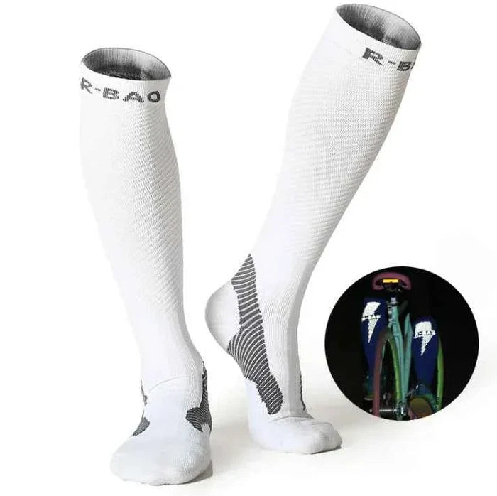 Blue professional long compression socks by Mead's Supply for running and cycling, made of 72% nylon athletic support material.