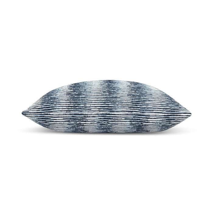 Side image of Indigo blue ombre striped chenille pillow square size for modern indoor and outdoor decor
