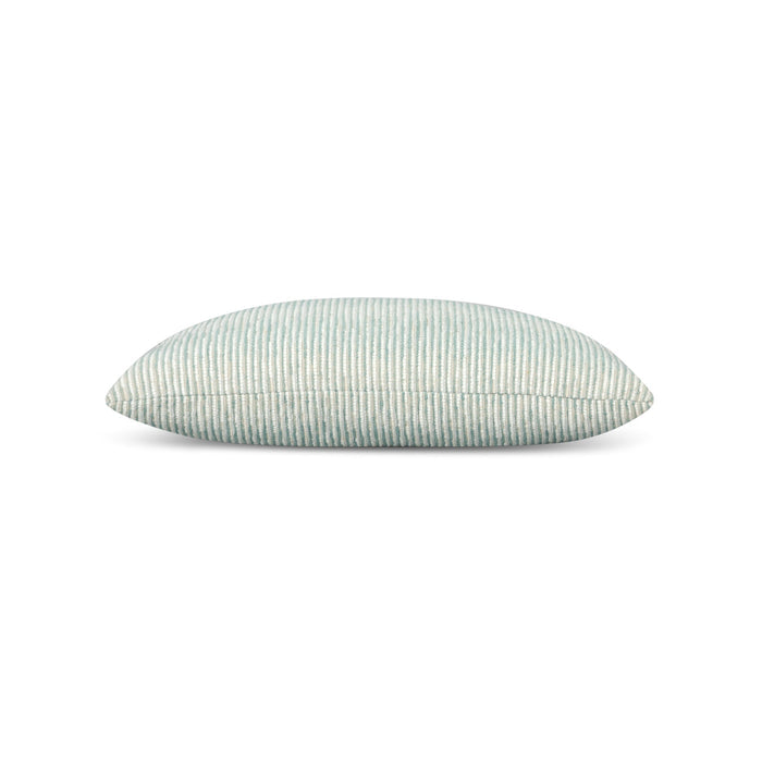 Side image of Light blue and ivory ombre chenille pillow lumbar size for sophisticated indoor and outdoor decor
