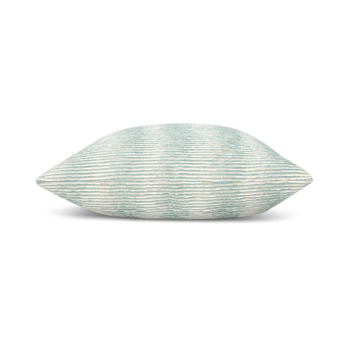 Side image of Light blue and ivory ombre chenille pillow square size for chic indoor and outdoor decor