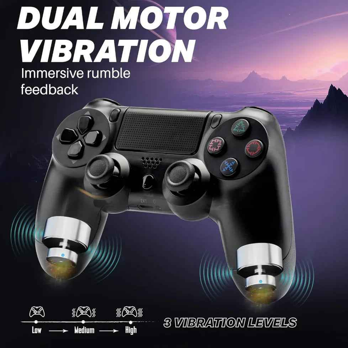 Black PS4 controller by TechPlus for home game console gaming, with ergonomic design and responsive buttons.