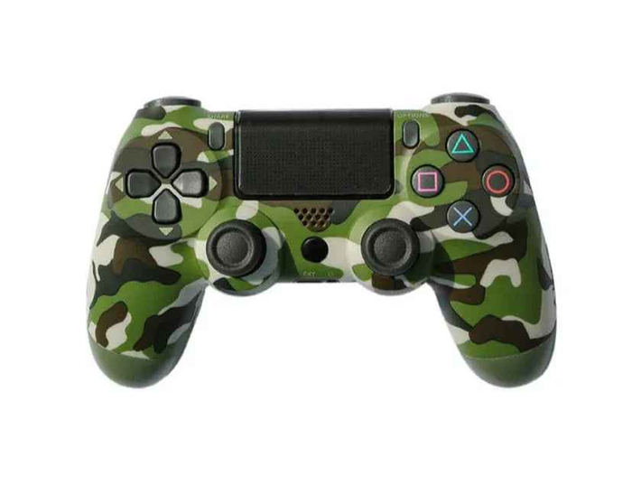 Camouflage green PS4 controller by TechPlus with ergonomic grips and dual analog sticks for gaming comfort.