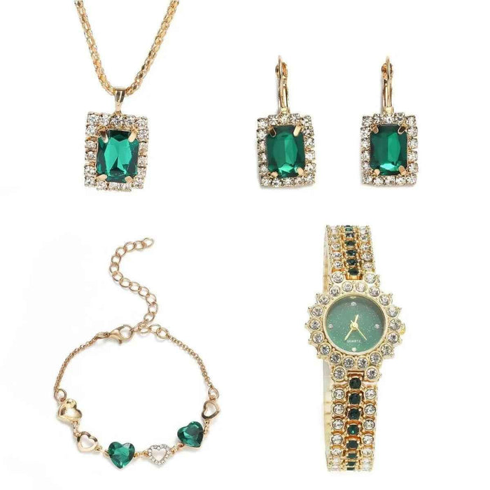 Stylish 3Sixty5 jewelry set with quartz watch, ring, and gift box, featuring five-piece collection in a sleek display.