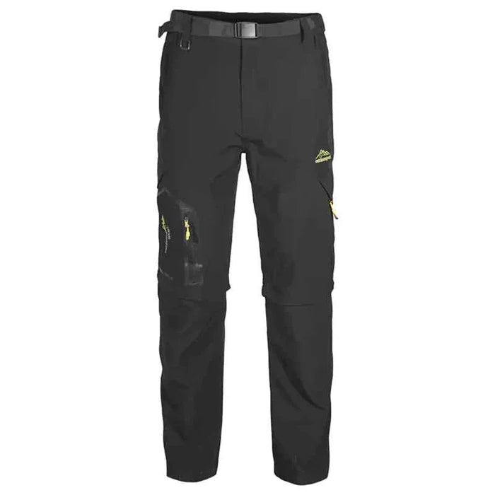 Black men's hiking pants by Mead's Supply & Equipment Outfitters, quick-drying, detachable, convertible zip-off shorts, USA-made.