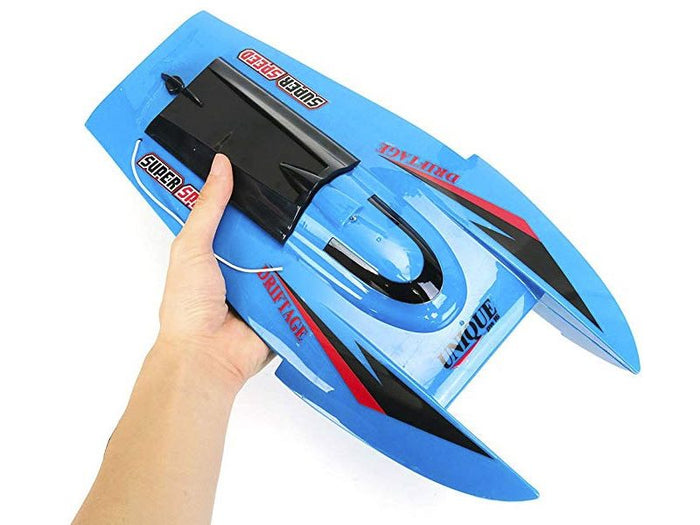 High-powered 41cm RC racing boat by dealonline.co.nz, sleek design, bright colors, and detailed exterior for high-speed water racing.