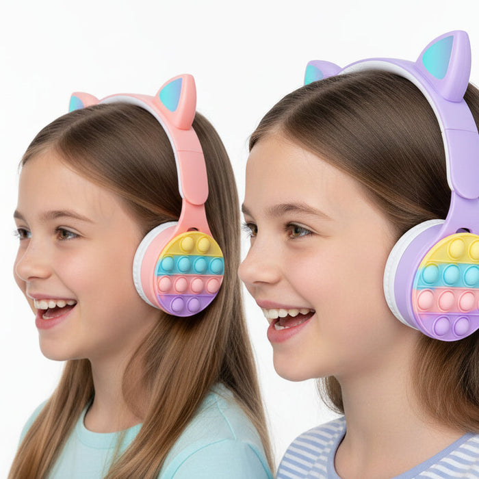 Rainbow bubble glowing cat ears wireless headset with microphone and LED lights, featuring a sleek black design and adjustable headband.