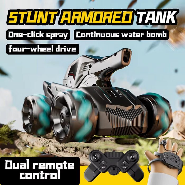 RC Car 4WD water bomb spray stunt vehicle with wireless gesture control and tank design, shown in action with water effects.