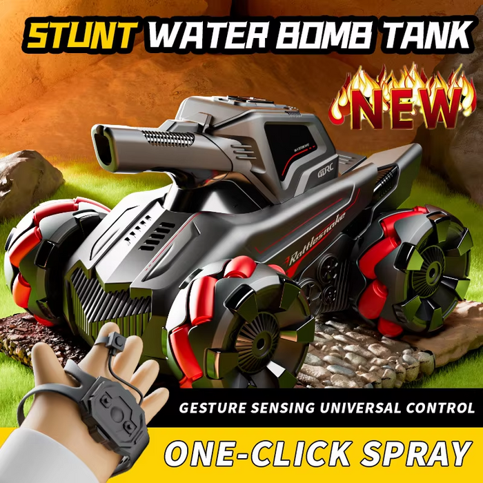 RC Car 4WD water bomb spray stunt tank with 2.4G wireless gesture sensing from dealonline.co.nz, showing the toy with water spray feature.
