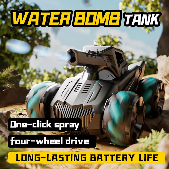 RC Car 4WD water bomb spray stunt vehicle with wireless 2.4G gesture sensing, tank design, and remote control features.